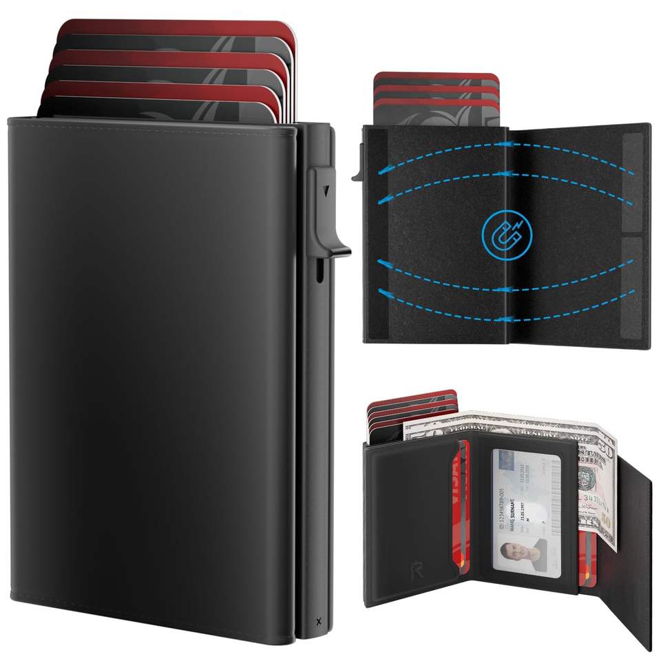 Custom Top Grain Leather Pop up Card Wallet RFID Blocking Anti-Theft Automatic Pop up Aluminum Credit Card Holder Wallet for Man