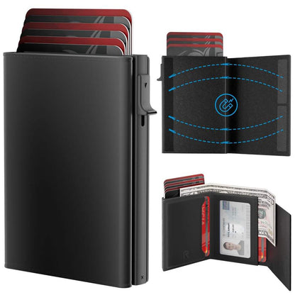 Custom Top Grain Leather Pop up Card Wallet RFID Blocking Anti-Theft Automatic Pop up Aluminum Credit Card Holder Wallet for Man
