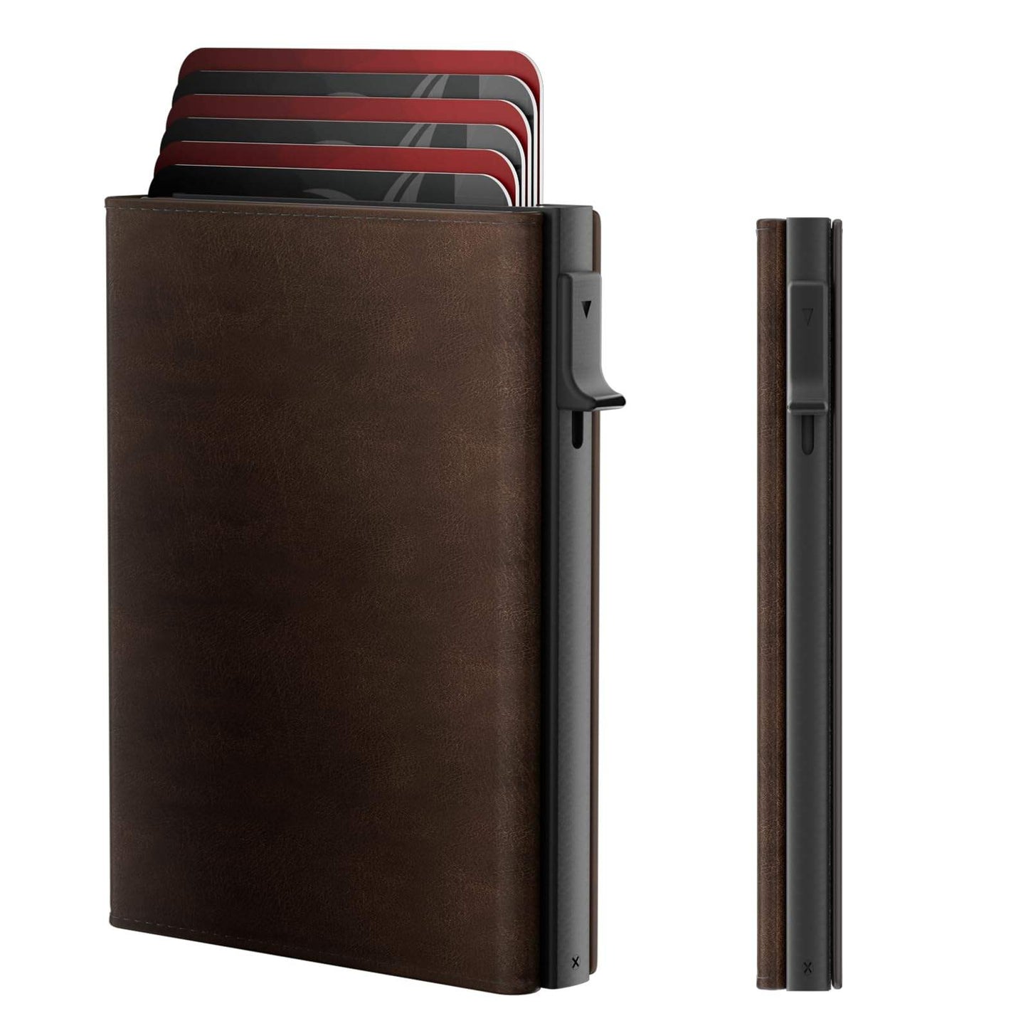 Custom Top Grain Leather Pop up Card Wallet RFID Blocking Anti-Theft Automatic Pop up Aluminum Credit Card Holder Wallet for Man